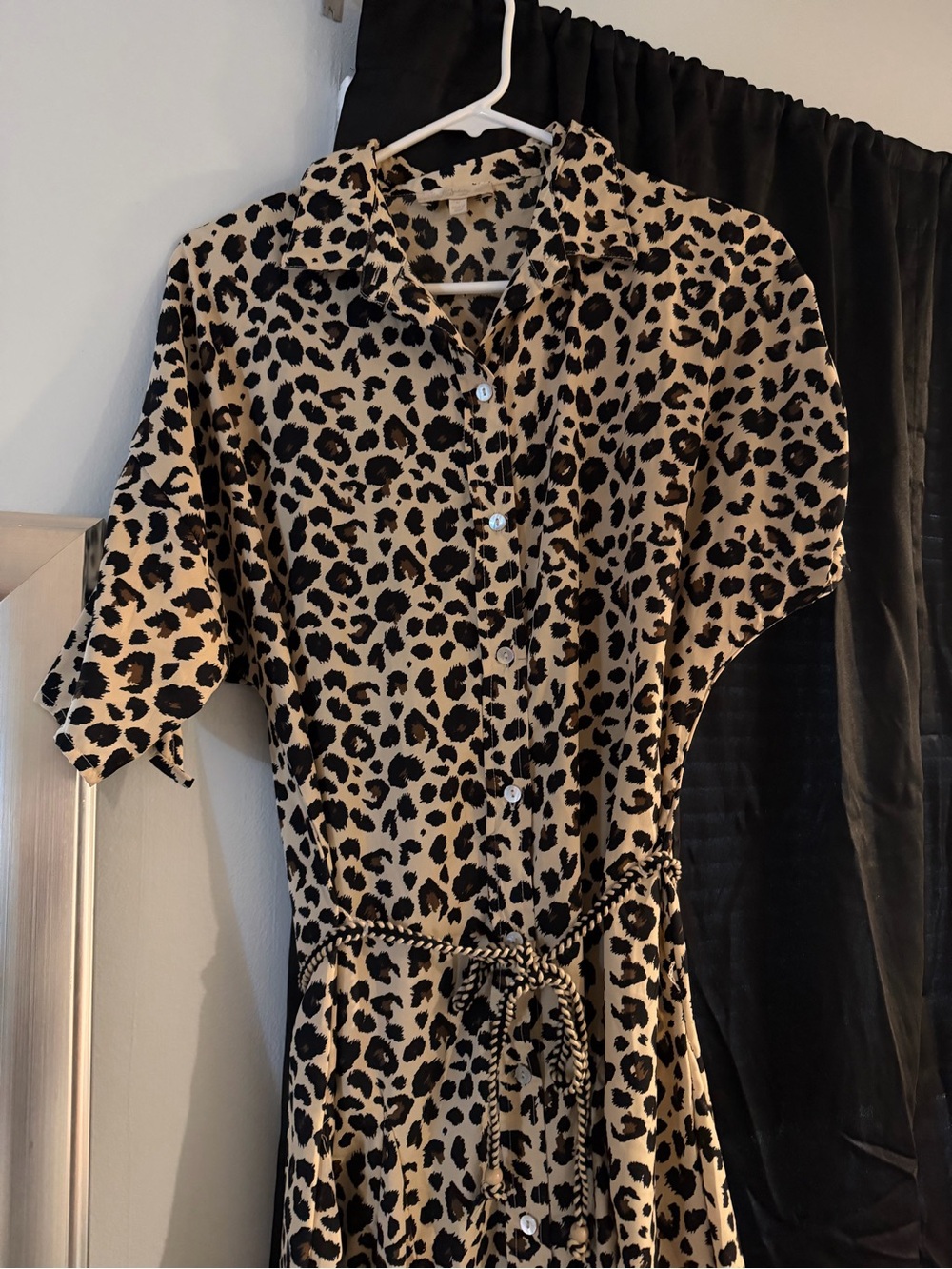 Leopard Print Button-Front Women's Dress in Tan & Black